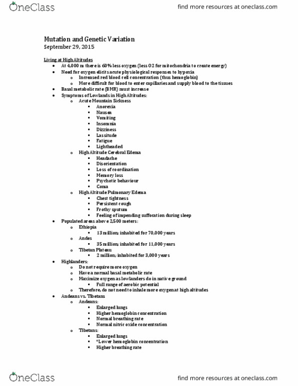 BIOL 2040 Lecture Notes - Lecture 5: High-Altitude Pulmonary Edema, Altitude Sickness, Tibetan Plateau thumbnail