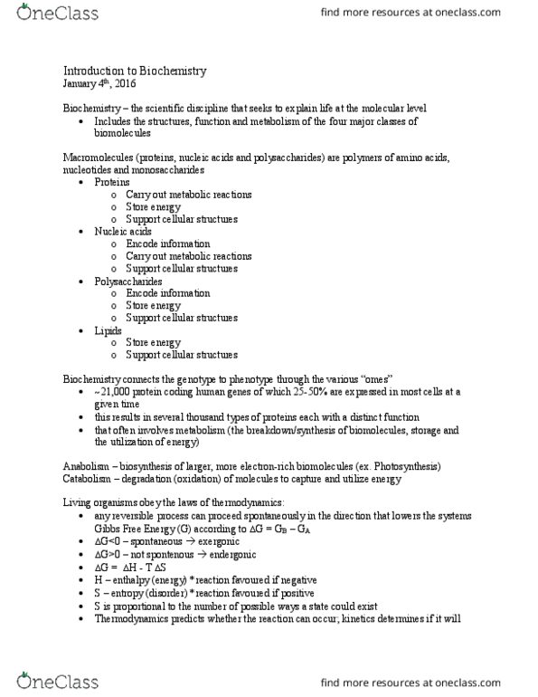 BIOC 2300 Lecture Notes - Lecture 1: Thermodynamics, Endergonic Reaction, Cell Nucleus thumbnail