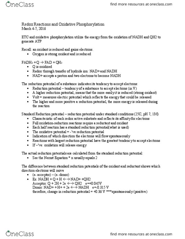 BIOC 2300 Lecture Notes - Lecture 20: Oxidative Phosphorylation, Reduction Potential, Coenzyme Q10 thumbnail