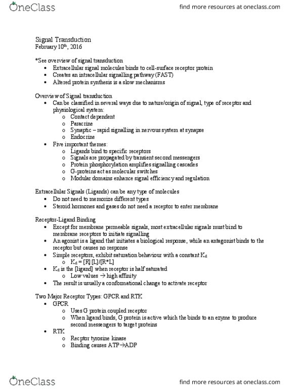 BIOC 2300 Lecture Notes - Lecture 14: Signal Transduction, Protein Kinase A, G Protein–Coupled Receptor thumbnail