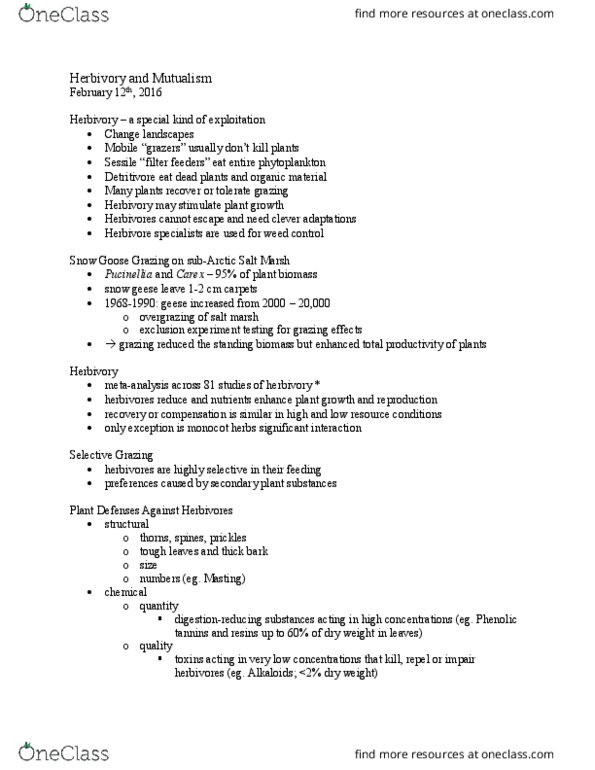 BIOL 2060 Lecture Notes - Lecture 14: Snow Goose, Herbivore, Overgrazing thumbnail