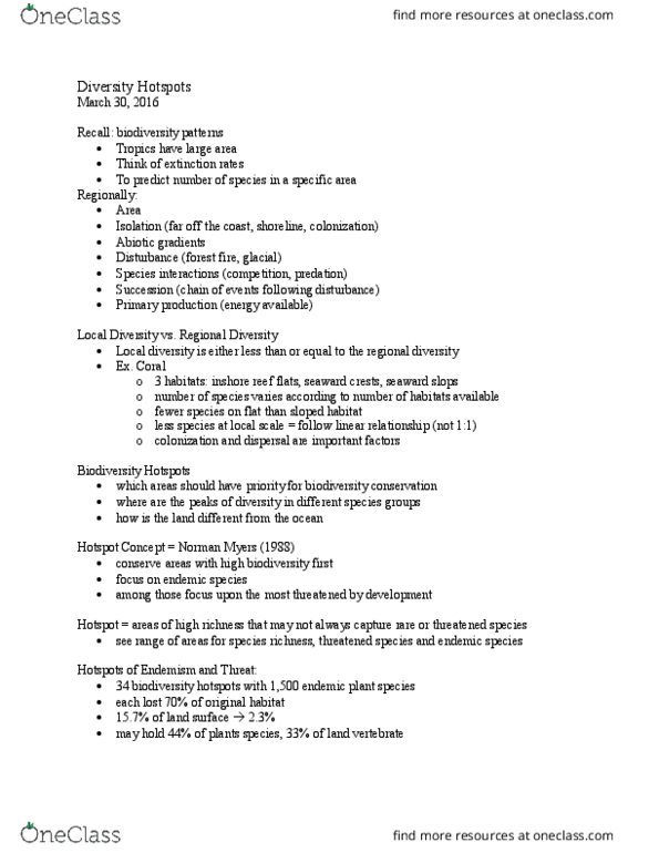 BIOL 2060 Lecture Notes - Lecture 25: Biodiversity Hotspot, Norman Myers, Species Richness thumbnail