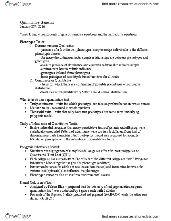 BIOL 2030 Lecture Notes - Lecture 9: Quantitative Trait Locus, Quantitative Genetics, Epistasis thumbnail