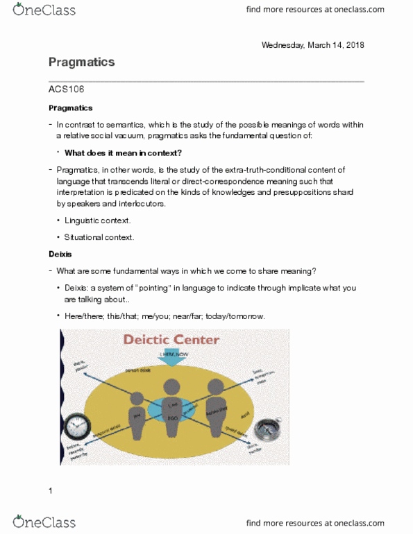 ACS 106 Lecture Notes - Lecture 7: Deixis, Presupposition, Pragmatics thumbnail