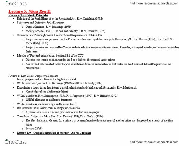 CRM 200 Lecture Notes - Lecture 5: Willful Blindness, Mens Rea, Murder thumbnail