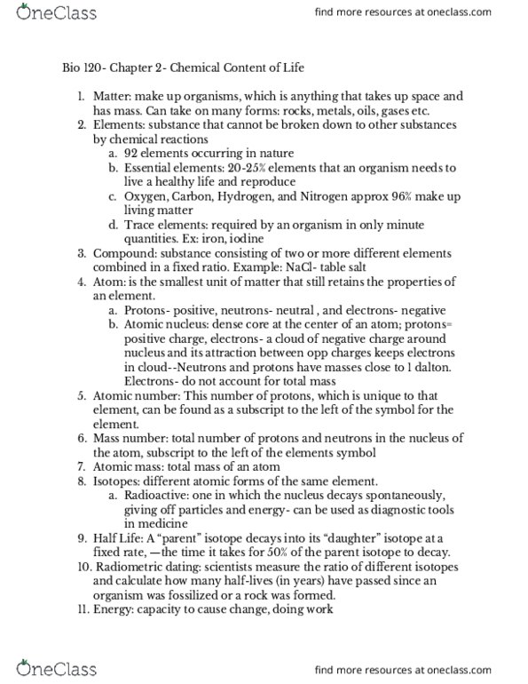 BIO 120 Lecture Notes - Lecture 2: Atomic Nucleus, Radiometric Dating, Atomic Mass thumbnail