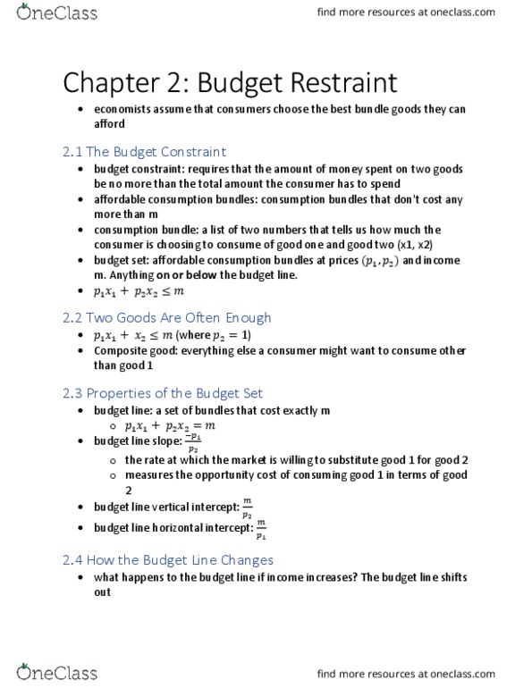 ECON 401 Chapter Notes - Chapter 2: Budget Constraint, Substitute Good, Opportunity Cost thumbnail