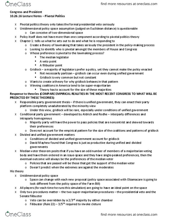 POLSCI 318 Lecture Notes - Lecture 15: Median Voter Theorem, Supermajority, Ideal Point thumbnail