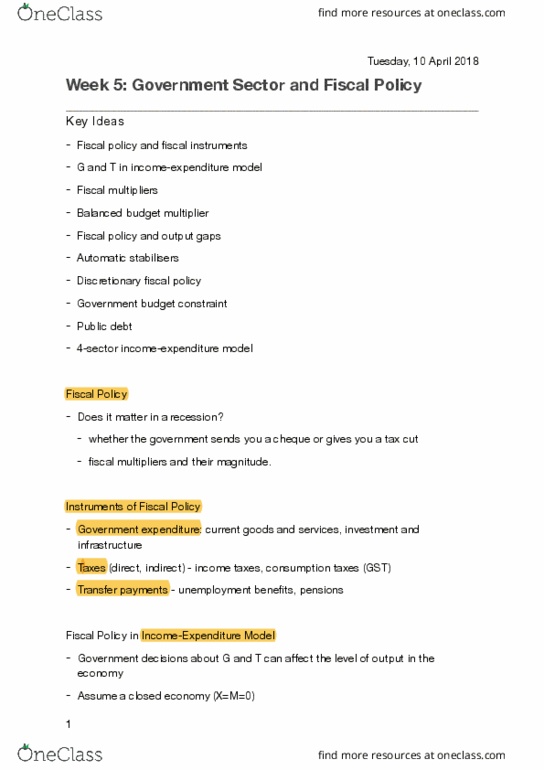 ECON1102 Lecture Notes - Lecture 5: Fiscal Policy, Government Budget Balance, Budget Constraint thumbnail