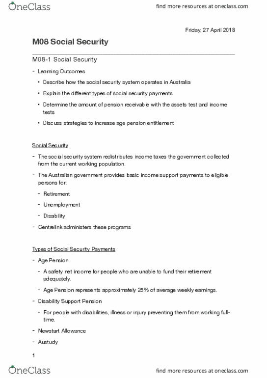 FINS2643 Lecture Notes - Lecture 8: Average Weekly Earnings, Social Security In Australia, Centrelink thumbnail