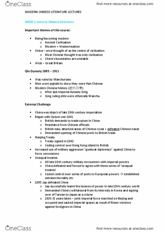 CHIN20005 Lecture Notes - Lecture 1: Gunboat Diplomacy, Qin Dynasty, Unequal Treaty thumbnail