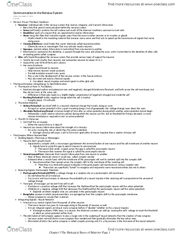 01:830:101 Chapter Notes - Chapter 3: Frontal Lobe, Axon Terminal, Morphine thumbnail