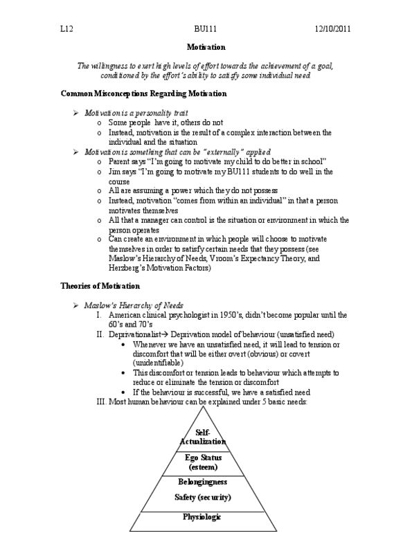 BU111 Lecture Notes - Victor Vroom, Clinical Psychology, Belongingness thumbnail