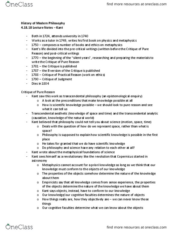 PHIL 202 Lecture Notes - Lecture 24: Transcendental Philosophy, Empirical Evidence thumbnail