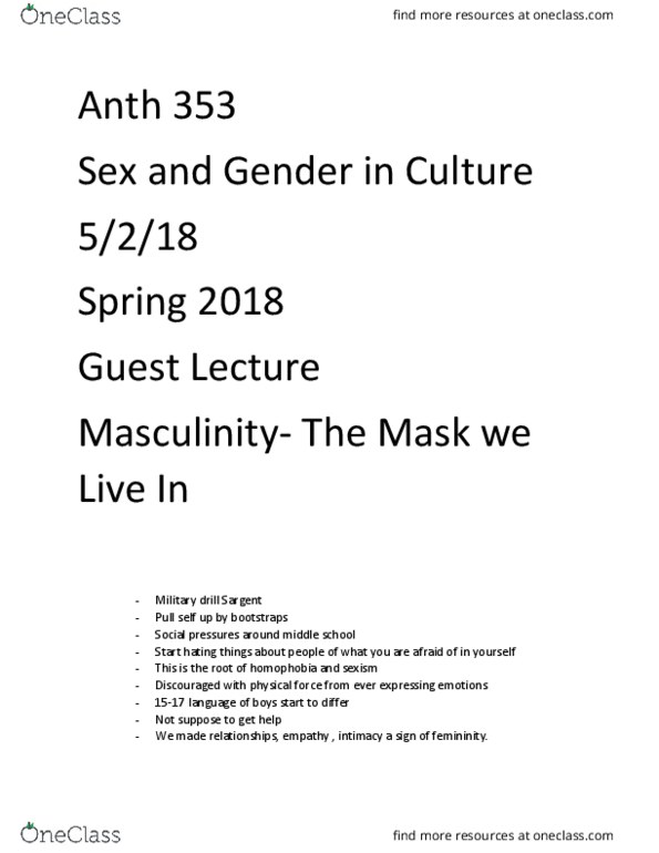 ANTH 353 Lecture Notes - Lecture 18: Binge Drinking, Masculinity thumbnail