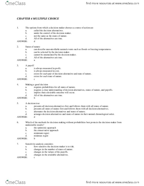 ADMS 3330 Chapter Notes - Chapter 4: Expected Value Of Perfect Information, Minimax, Sensitivity Analysis thumbnail