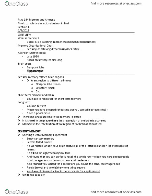 PSYC 144 Lecture Notes - Lecture 1: Visual Short-Term Memory, Short-Term Memory, Long-Term Memory thumbnail