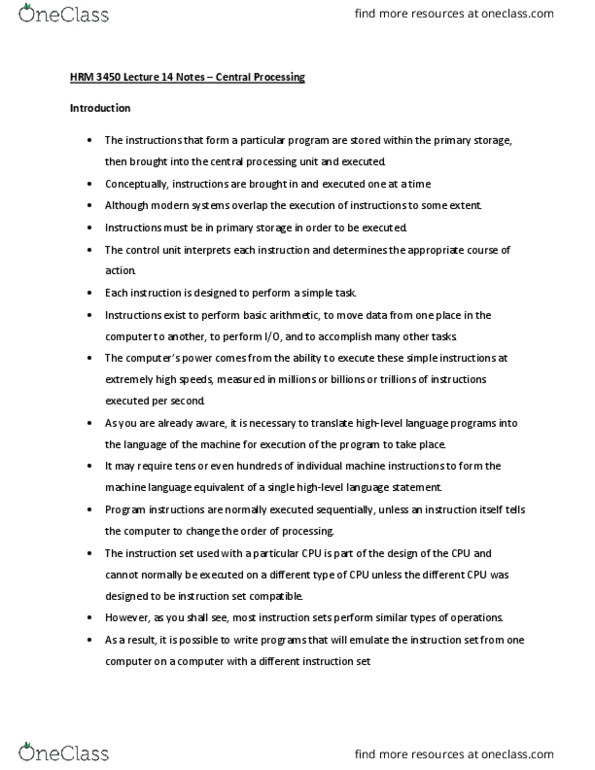 HRM 3450 Lecture Notes - Lecture 14: Instruction Set, Elementary Arithmetic thumbnail