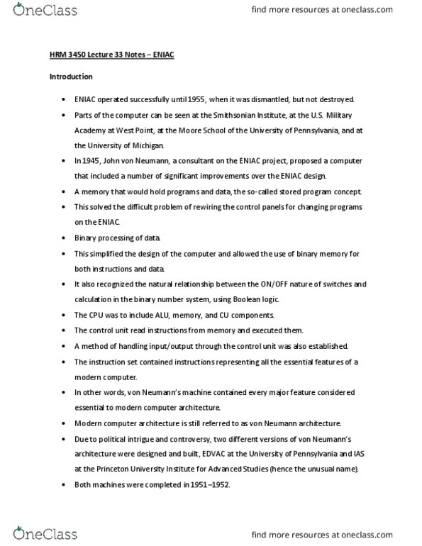 HRM 3450 Lecture Notes - Lecture 33: Self-Replicating Machine, Binary Number, Eniac thumbnail