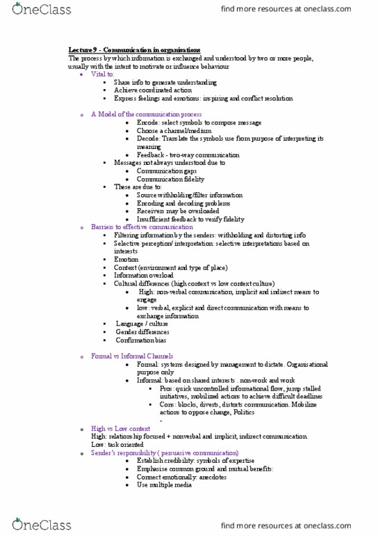 MGMT10002 Lecture Notes - Lecture 9: Nonverbal Communication, Information Overload, Confirmation Bias thumbnail