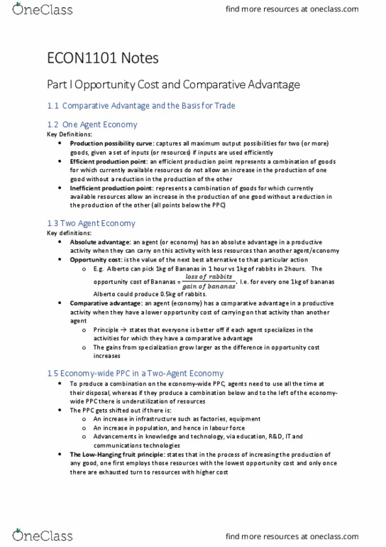 ECON1101 Lecture Notes - Lecture 1: Comparative Advantage, Opportunity Cost, Absolute Advantage thumbnail