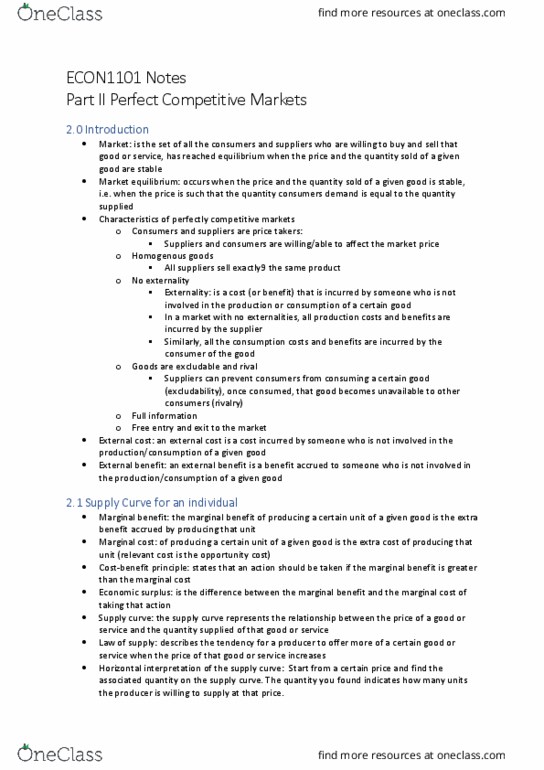 ECON1101 Lecture Notes - Lecture 2: Perfect Competition, Externality, Marginal Cost thumbnail