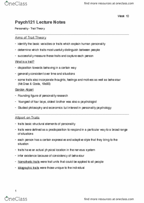 PSYC121 Lecture Notes - Lecture 10: Gordon Allport, Trait Theory, Nomothetic thumbnail