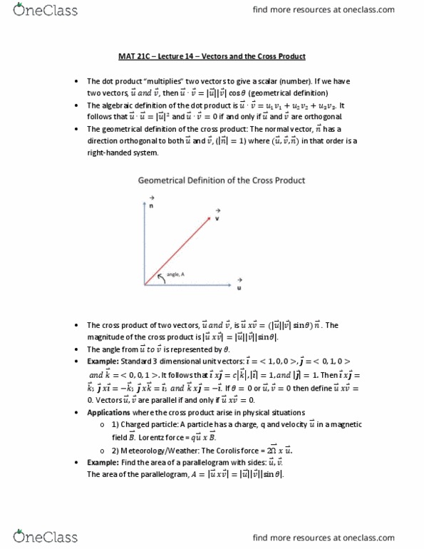 MAT 21C Lecture Notes - Lecture 14: Lorentz Force, Cross Product, Parallelogram thumbnail
