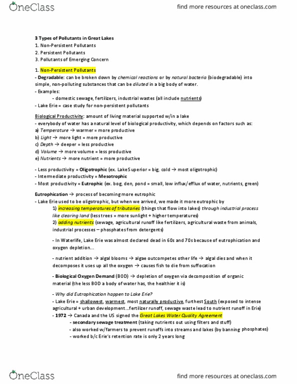 Geography 2011A/B Lecture Notes - Lecture 17: Great Lakes Areas Of Concern, Biochemical Oxygen Demand, Algal Bloom thumbnail