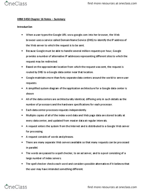 HRM 3450 Chapter Notes - Chapter 16: Google Data Centers, Spell Checker, Web Server thumbnail