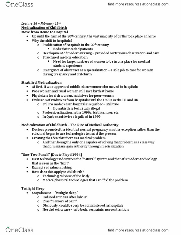 SOCI 365 Lecture Notes - Lecture 16: Twilight Sleep, Home Birth, Medicalization thumbnail