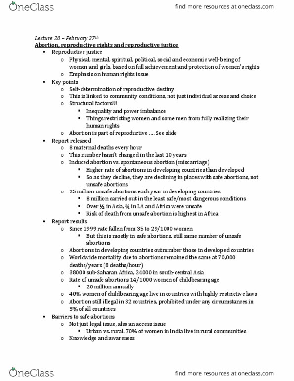 SOCI 365 Lecture Notes - Lecture 20: Unsafe Abortion, Sub-Saharan Africa, Reproductive Justice thumbnail