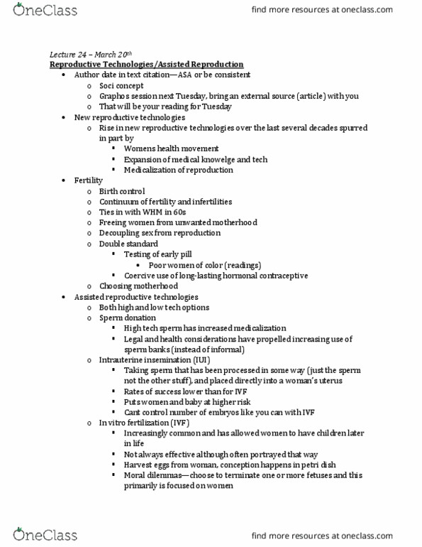 SOCI 365 Lecture Notes - Lecture 24: Artificial Insemination, In Vitro Fertilisation, Petri Dish thumbnail