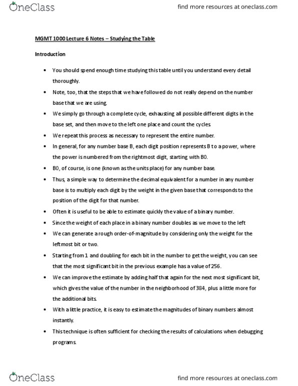 MGMT 1000 Lecture Notes - Lecture 6: Binary Number thumbnail