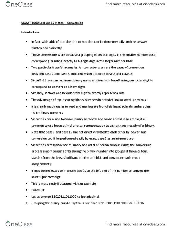 MGMT 1000 Lecture Notes - Lecture 17: Binary Number, Hexadecimal thumbnail