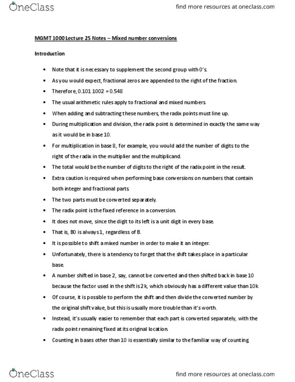 MGMT 1000 Lecture Notes - Lecture 25: Radix Point, Radix thumbnail