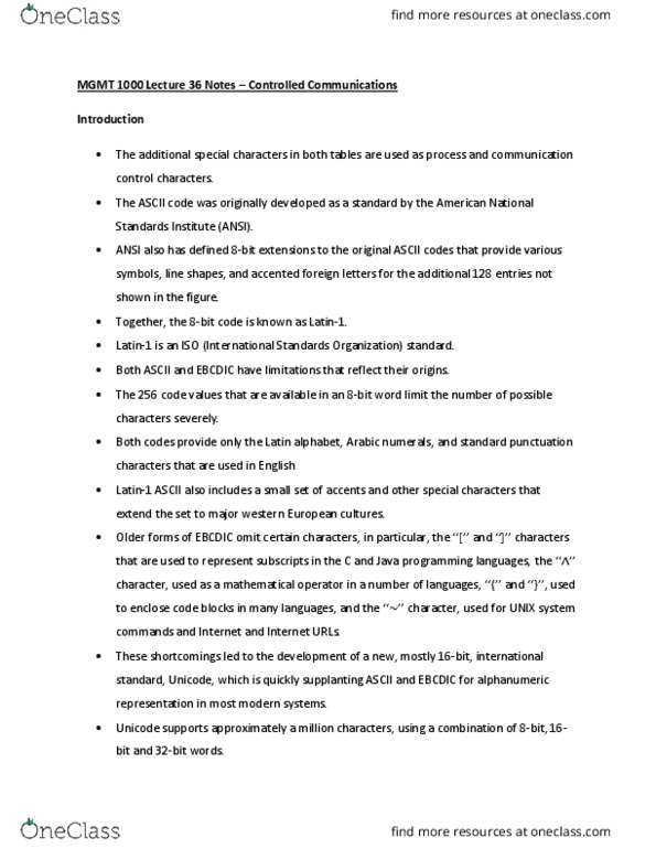 MGMT 1000 Lecture Notes - Lecture 36: International Organization For Standardization, Ebcdic thumbnail