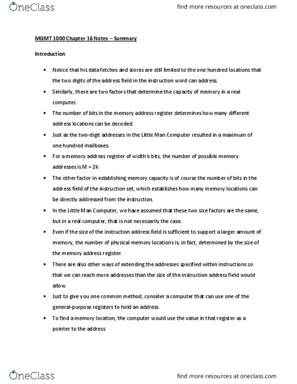 MGMT 1000 Chapter Notes - Chapter 16: Memory Address Register, Instruction Set thumbnail