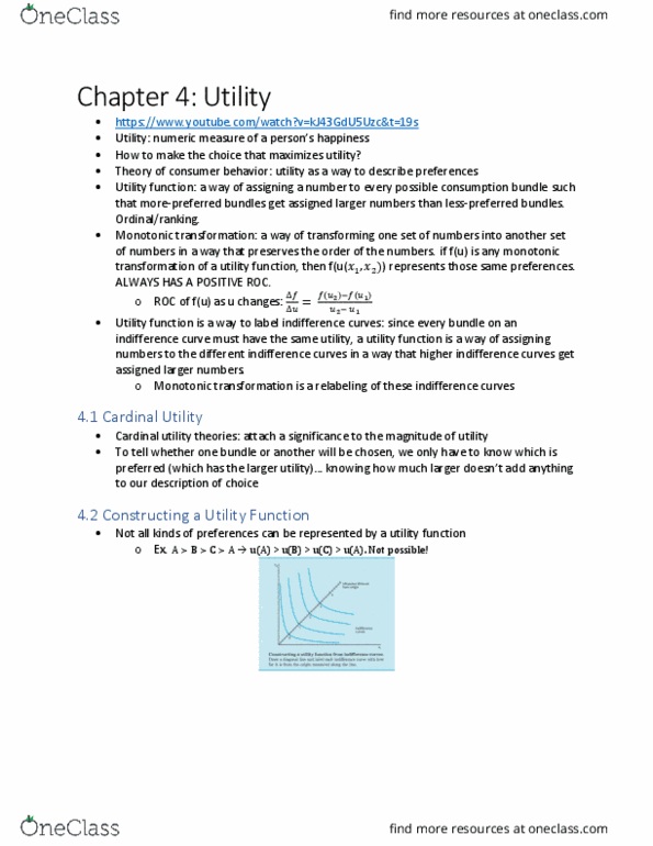 ECON 401 Chapter Notes - Chapter 4: Indifference Curve, Utility, Cardinal Utility thumbnail