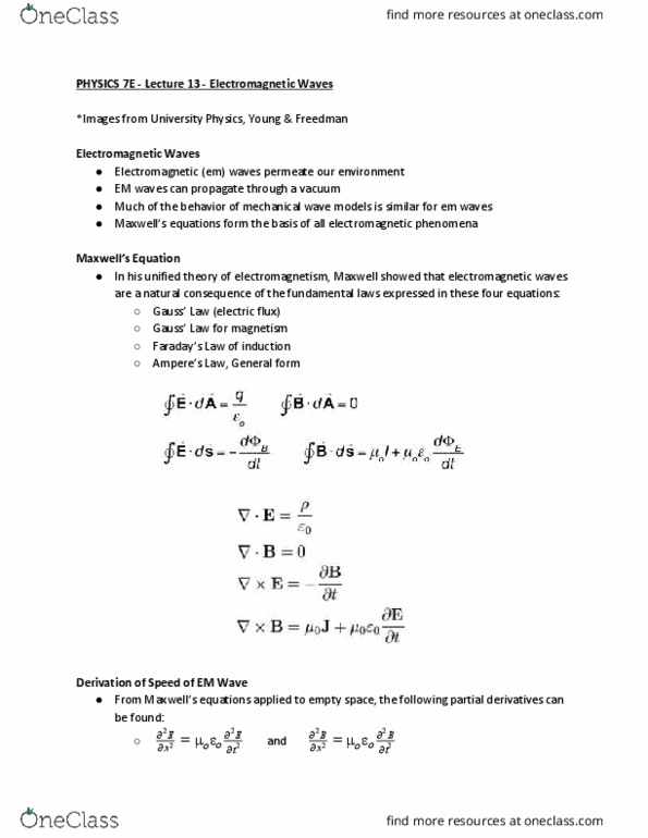PHYSICS 7E Lecture Notes - Lecture 13: Partial Differential Equation, Electromagnetic Spectrum, Electromagnetic Radiation thumbnail