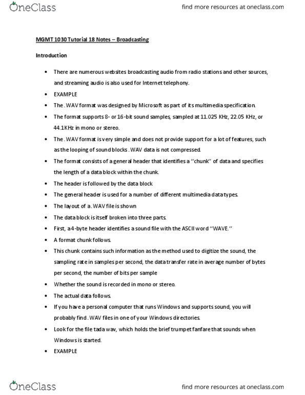 MGMT 1030 Lecture Notes - Lecture 18: Voice Over Ip, Hertz, Wav thumbnail