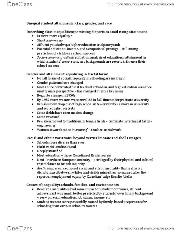 SOC 3340 Chapter Notes - Chapter 6: Grade Retention, Visible Minority, Social Inequality thumbnail