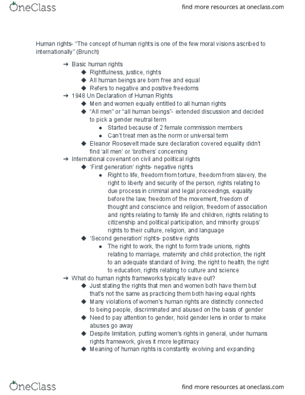 WOMS202 Chapter Notes - Chapter 14: Eleanor Roosevelt, Negative And Positive Rights, Charlotte Bunch thumbnail