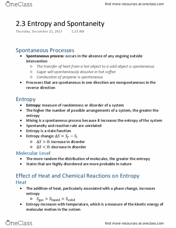 Chemistry 1302A/B Chapter Notes - Chapter 2.3: Thermodynamics, Reaction Rate, Spontaneous Process thumbnail