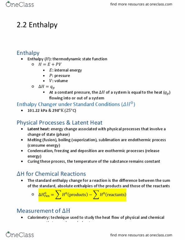 Chemistry 1302A/B Chapter Notes - Chapter 2.2: Latent Heat, Enthalpy, Calorimetry thumbnail
