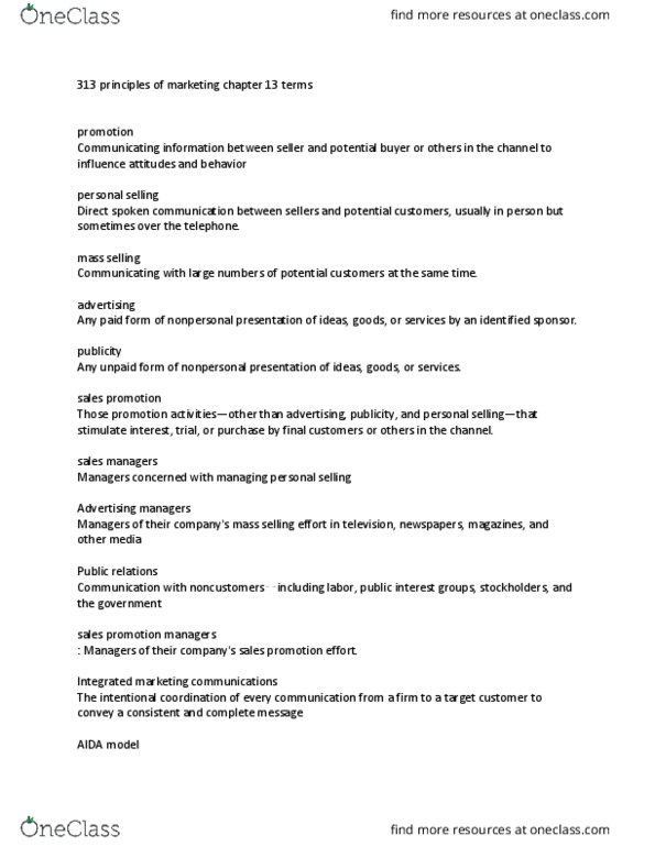 MKTG 313 Chapter Notes - Chapter 13: Marketing Mix, Sales Promotion, Integrated Marketing Communications thumbnail