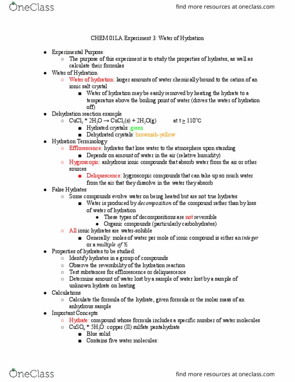 CHEM 01LA Lecture Notes - Lecture 3: Hydration Reaction, Copper(Ii) Sulfate, Ion thumbnail