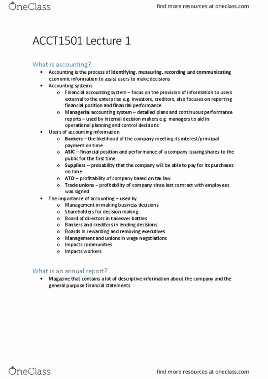 ACCT1501 Lecture Notes - Lecture 1: Accounting Period, Accounts Payable, Historical Cost thumbnail