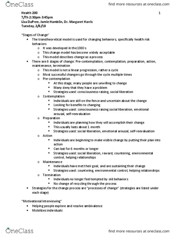 HLTH 200 Lecture Notes - Lecture 3: Motivational Interviewing, Margaret Harris, Transtheoretical Model thumbnail