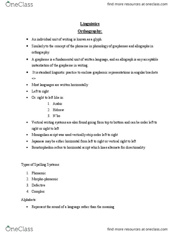 LIN 1 Lecture Notes - Lecture 15: Phoneme, Grapheme, Allography thumbnail